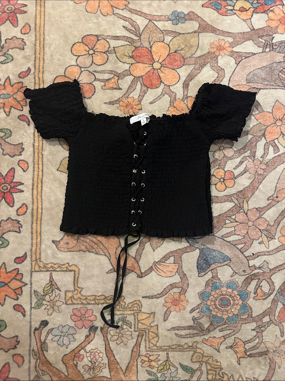 Active USA Black Smocked Lace-Up Off-Shoulder Crop Top